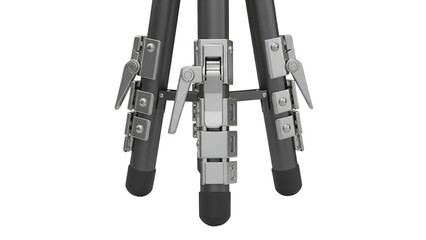 Close-up of a tripod base with locking mechanisms against a black background