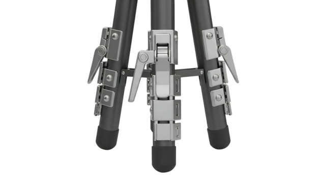 Close-up of a tripod base with locking mechanisms against a black background