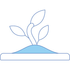 Stylized illustration of a blue outlined plant with green leaves sprouting from a blue mound of earth on a white background with transparent background
