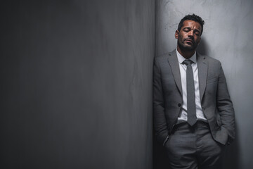 Thoughtful businessman in elegant suit leaning against concrete wall looking stressed and fatigued, isolated in corner with copy space available