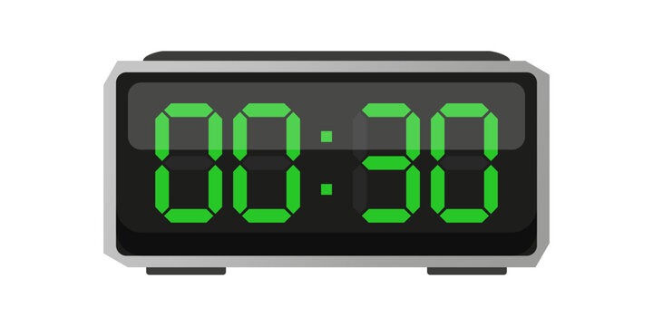 Digital alarm clock. Zero thirty time. Time 00 30. Green numbers vector.