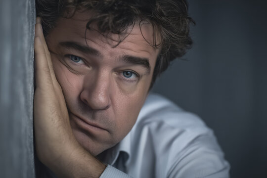 Stressed man with blue eyes leans against wall, feeling overwhelmed and fatigued by life's challenges in a moment of quiet desperation
