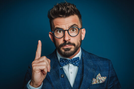Eccentric businessman with a bright idea pointing up, a modern professional with quirky style against a bold blue backdrop for creative projects
