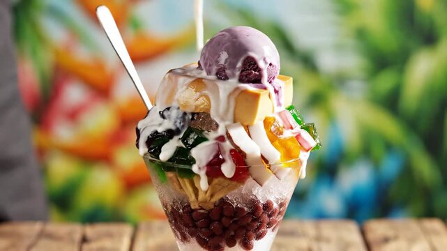A Refreshing Tropical Halo-Halo Dessert with a Scoop of Ube Ice Cream, Perfect for a Hot Day