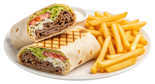 Shawarma wrap and french fries transparent background cutout png
