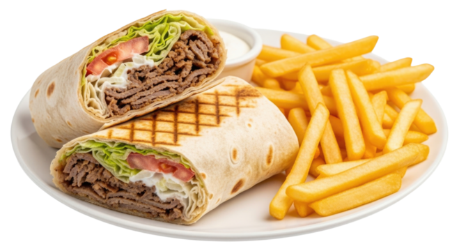 Shawarma wrap and french fries transparent background cutout png - Powered by Adobe