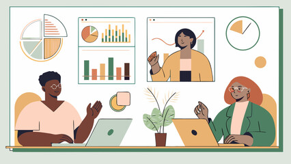 Illustration of a virtual meeting with charts and graphs displayed on screens and people using laptops