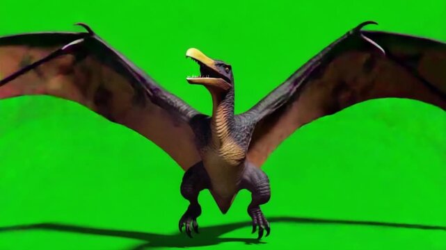 Pterodactyl with open wings standing on a green screen ready to take flight animation footage dinosaur green screen video