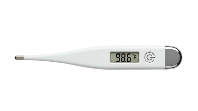 Digital thermometer displaying 98.6?F on a black background, with a white body - Powered by Adobe