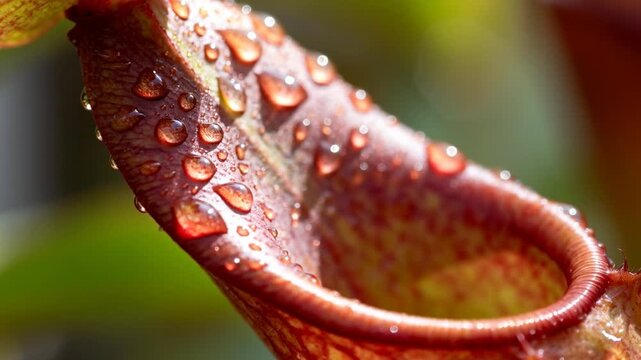close up shot of nepenthes pitcher with morning dew droplets, soft natural backlight, macro detail and tranquil tropical plant scene