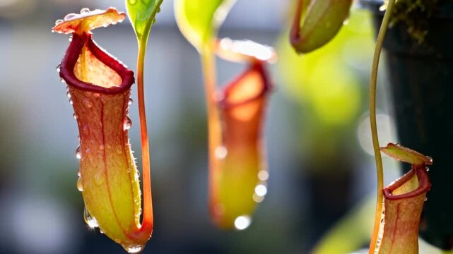 close up shot of nepenthes pitcher with morning dew droplets, soft natural backlight, macro detail and tranquil tropical plant scene