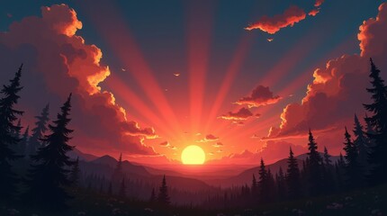 Radiant sunset over a forested landscape with warm colors and dramatic clouds filling the sky above