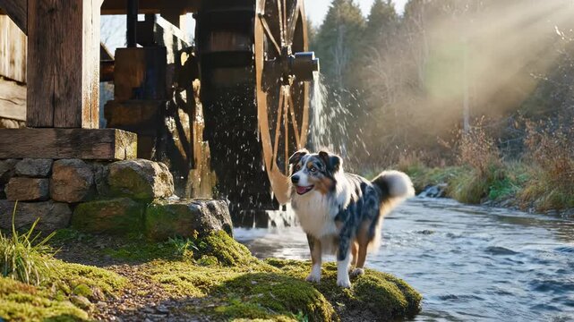 mini aussie dog - A rustic watermill stands beside a babbling brook, sunlight filtering through trees, while a curious dog explores the mossy bank, enhancing the tranquil scene