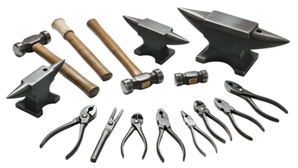 Tools of the trade depicted anvils, hammers, and pliers, arranged artfully for display