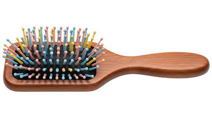 Wooden paddle hairbrush with colorful rounded bristles, lying on a black background