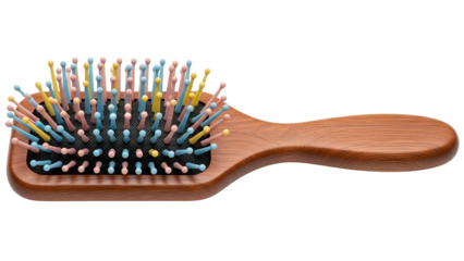 Wooden paddle hairbrush with colorful rounded bristles, lying on a black background