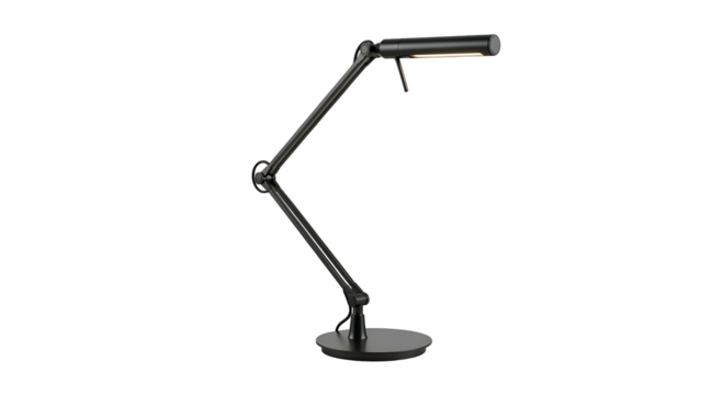 Articulated black desk lamp, with circular base, illuminating on a black background