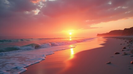 Ocean waves gently rolling onto a sandy beach at sunset with a pink and orange sky background