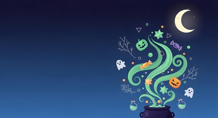 Naklejka premium Whimsical halloween cauldron bubbling with magical green smoke and spooky elements under a crescent moon