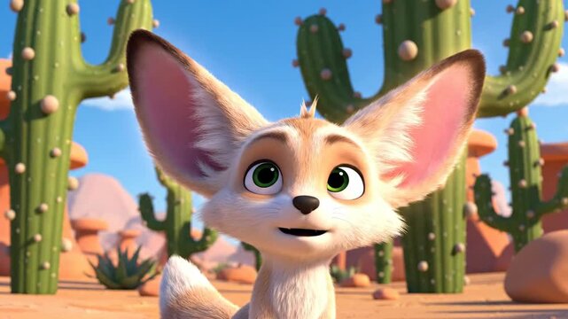 Adorable animated desert fox with oversized ears in bright sunlight