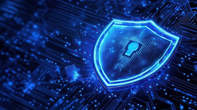 A digital shield with a keyhole icon glowing in blue on an abstract circuit board background symbolizing security and data protection.