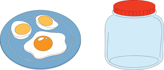 Fried eggs on plate beside empty glass jar, breakfast food concept, cooking ingredients, healthy meal preparation, kitchen still life illustration