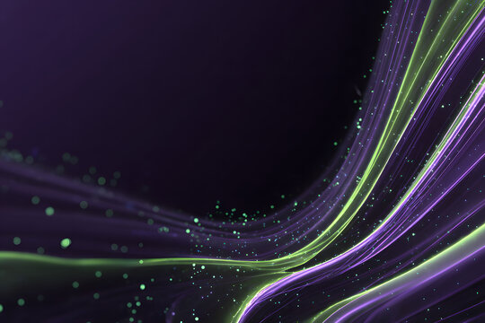 purple background with neon green and purple glowing lines creating futuristic cyber energy in clean abstract motion - Powered by Adobe