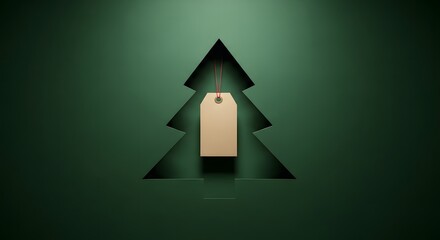 Minimalist christmas tree silhouette with blank gift tag