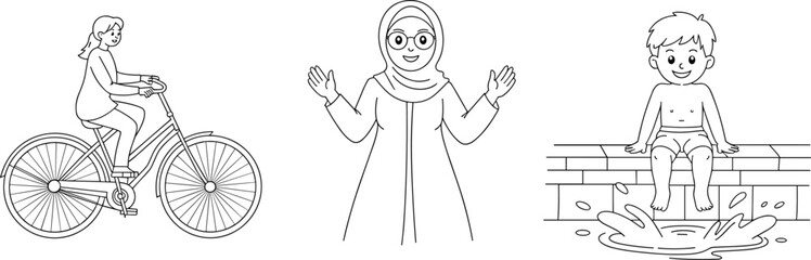 Cute kids and woman activity illustrations, girl riding bicycle, Muslim woman greeting, boy playing with water, perfect for children&rsquo;s coloring pages
