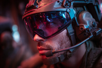 Intense futuristic soldier in tactical helmet visor, ready for action, capturing suspense and anticipation, perfect for gaming, science fiction, and military themes