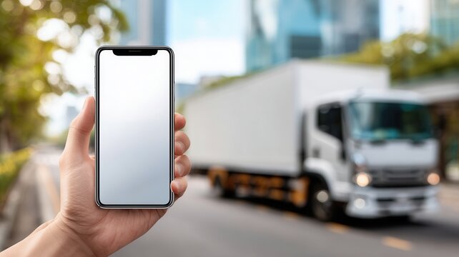 Hand holding a mobile phone with empty screen, a large white truck driving on street highlighting bokeh, in services delivery