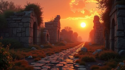 Ancient stone pathway with ruins leading to a bright sunset in a hazy orange sky landscape view