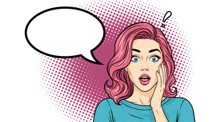 Pop art illustration of a surprised beautiful woman with pink hair and a blank comic speech bubble for your message or text.