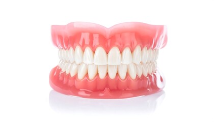 Obraz premium Dentures are displayed; the top and bottom sets show pink gums and teeth on a white background