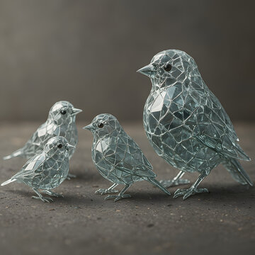 Shattered-glass bird sculptures arranged on a textured surface, each formed from reflective fractured pieces creating intricate transparent bodies that catch soft light and emphasize delicate crystall