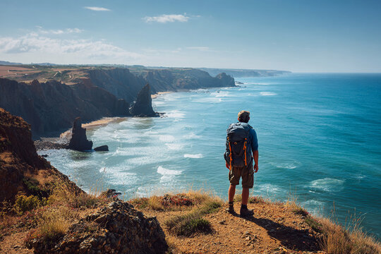 Man with backpack enjoys stunning coastal view on sunny day, capturing freedom and adventure along the rugged cliffs and turquoise sea, inspiring wanderlust and exploration