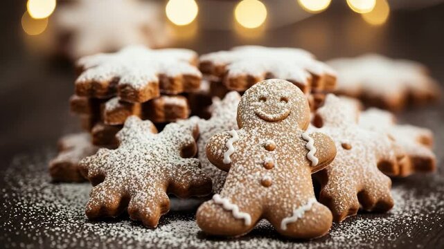 Christmas cookies powdered sugar sprinkled on rustic surface create festive scene. Christmas cookies include smiling gingerbread man and star shapes, dusted with white powdered sugar.