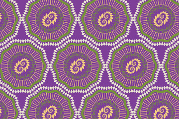 A high-contrast cerise pink and olive green circular mandala motif, excellent for lively resort wear or bold accessory linings.