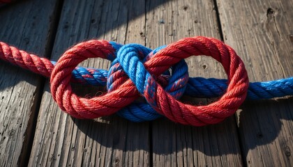 Obraz premium Close up of a red and blue rope tied together with a fishermans knot on weathered wooden surface