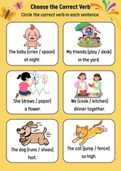 Engaging educational English grammar worksheet for kids practice choosing correct verbs with fun illustrations of daily activities and characters