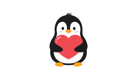 Obraz premium An adorable and cute cartoon penguin standing and holding a large red heart symbolizing love affection and valentine's day.