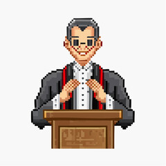 Pixel art illustration of a smiling male judge or speaker in a black robe and glasses, standing behind a wooden podium with hands clasped.