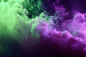 swirling neon green smoke drifting over glowing purple mist creating a moody atmospheric abstract scene
