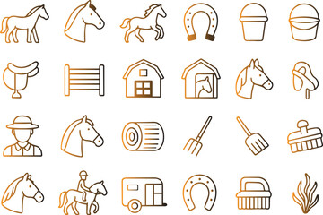 Collection of line art icons representing various equestrian and farm elements like horses, saddles, barns, and grooming tools, isolated on white background