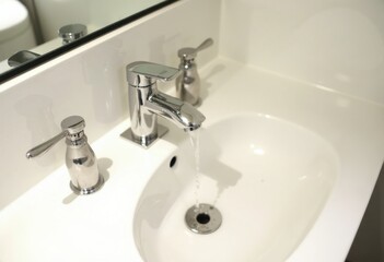 Fototapeta premium Modern Bathroom Sink with Chrome Faucet and Running Water