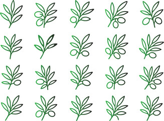 A collection of twenty minimalist line art icons depicting various styles of olive branches with and without olives, perfect for elegant botanical design elements