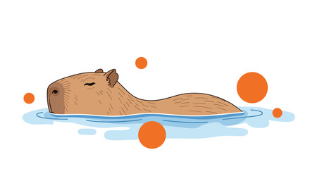 Adorable cartoon capybara peacefully swimming and relaxing in the water surrounded by orange bubbles on a white background.