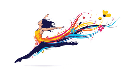 Dynamic illustration of a woman leaping in joy with colorful abstract swirls and flowers flowing from her expressing freedom.