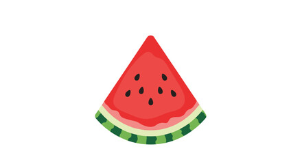 Simple and cute cartoon illustration of a juicy triangular slice of watermelon with black seeds on a white background.