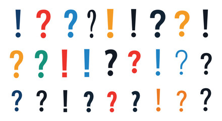 Colorful set of question marks and exclamation points in various styles and colors for communication and design concepts.